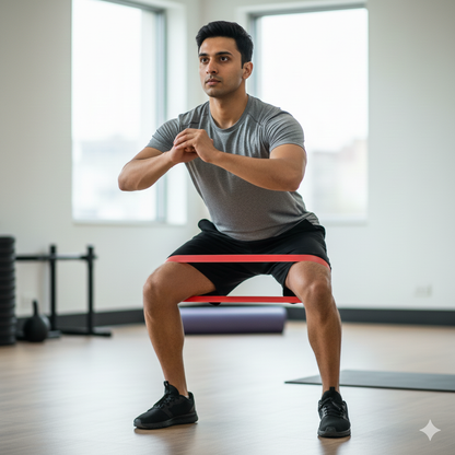 Man exercising with resistance bands in a gym setting